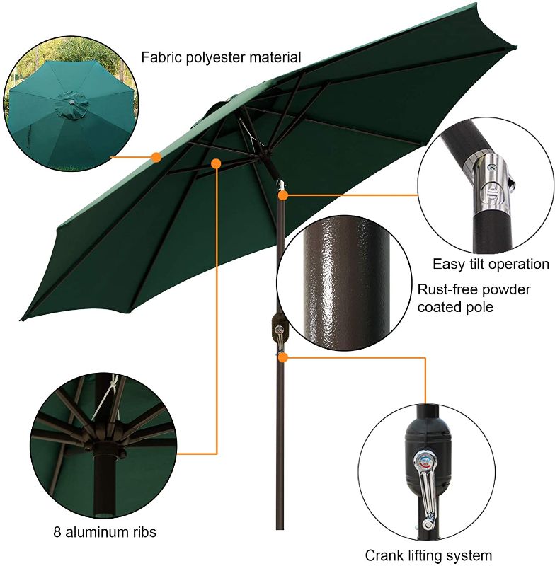 Photo 1 of Blissun 9' Outdoor Aluminum Patio Umbrella, Striped Patio Umbrella, Market Striped Umbrella with Push Button Tilt and Crank (Dark Green)
