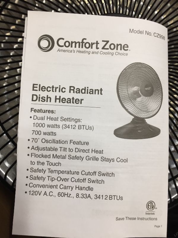 Photo 2 of Comfort Zone 700/1000-Watt Oscillating Parabolic Dish Radiant Electric Portable Space Heater , Black