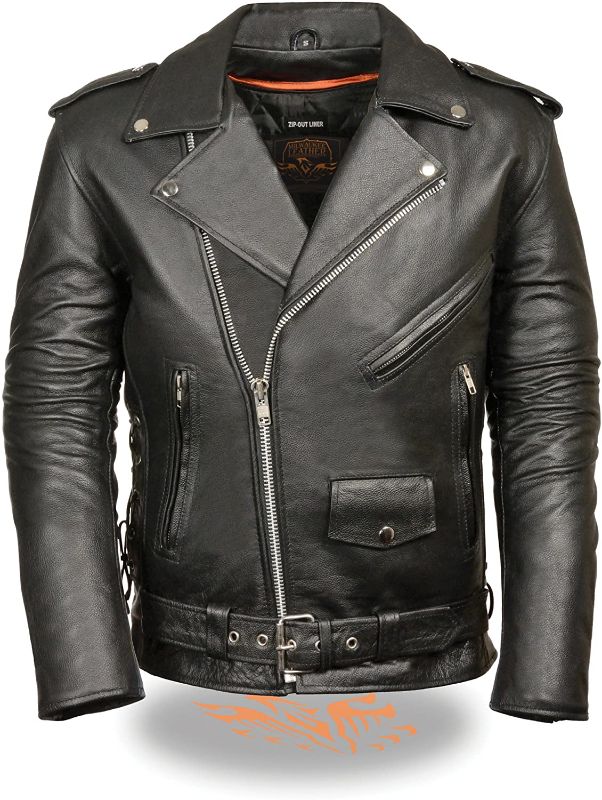 Photo 1 of Mens Leather Side Lace Police Style Motorcycle Jacket, Black Size 5XL
