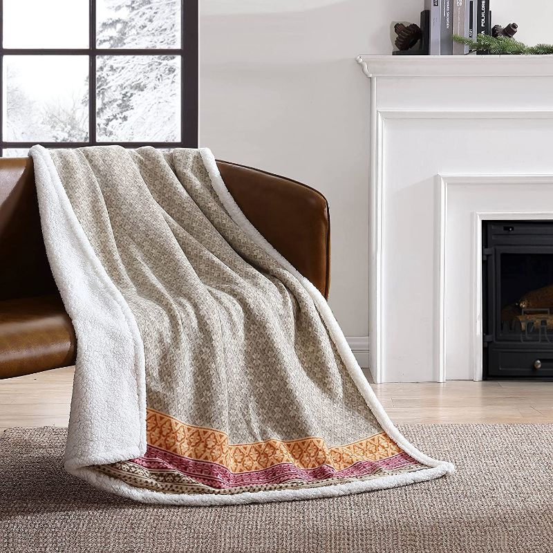 Photo 1 of Eddie Bauer Home | Brushed Collection | Giftable Sherpa Fleece Reversible Throw, Ultra Soft & Cozy, Perfect for Bed or Couch, Fair Isle Khaki

