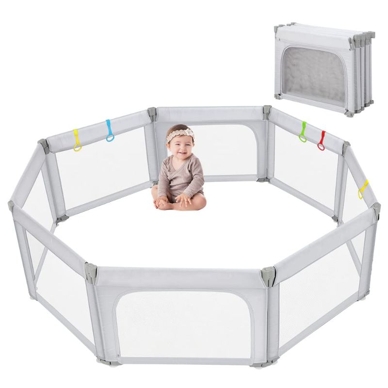 Photo 1 of Foldable Baby Playpen, Dripex Upgrade Kids Large Playard with 5 Handlers,Indoor & Outdoor Kids Activity Center,Infant Safety Gates with Breathable Mesh,Sturdy Play Yard for Toddler, Light Gray
