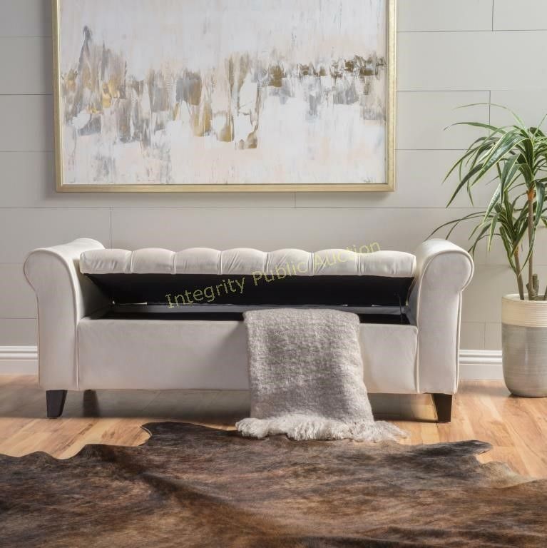 Photo 1 of Changjie Furniture Modern Fabric Storage Bench with Arms Upholstered Tufted Footstool Ottoman Bench for Living Room Bedroom Tan
