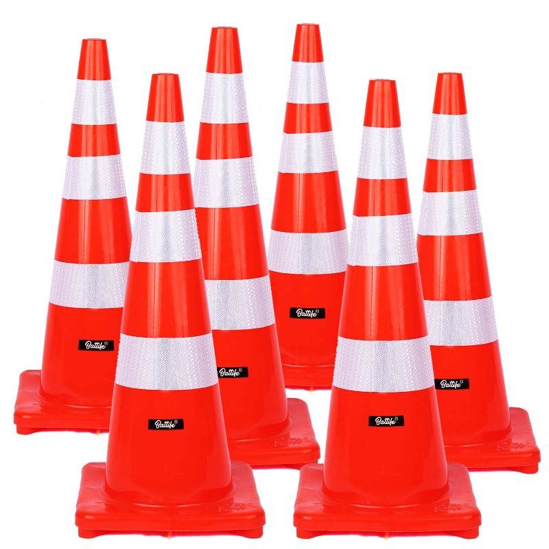 Photo 1 of Battife 36" Inch Traffic Safety Cones | 6Pack PVC Cone with Reflective Collars | Weighted Unbreakable Orange Construction Cones for Building Road Driveway Parking Use
