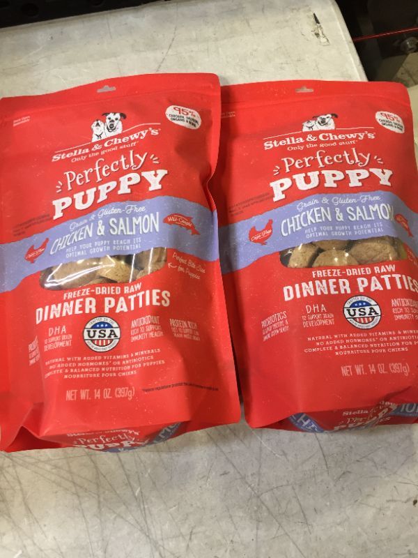 Photo 2 of 2 PK Stella & Chewy's Perfectly Puppy Freeze-Dried Raw Chicken and Salmon Dinner Patties Dog Food,14 oz. Bag . Best By April 20 2022
