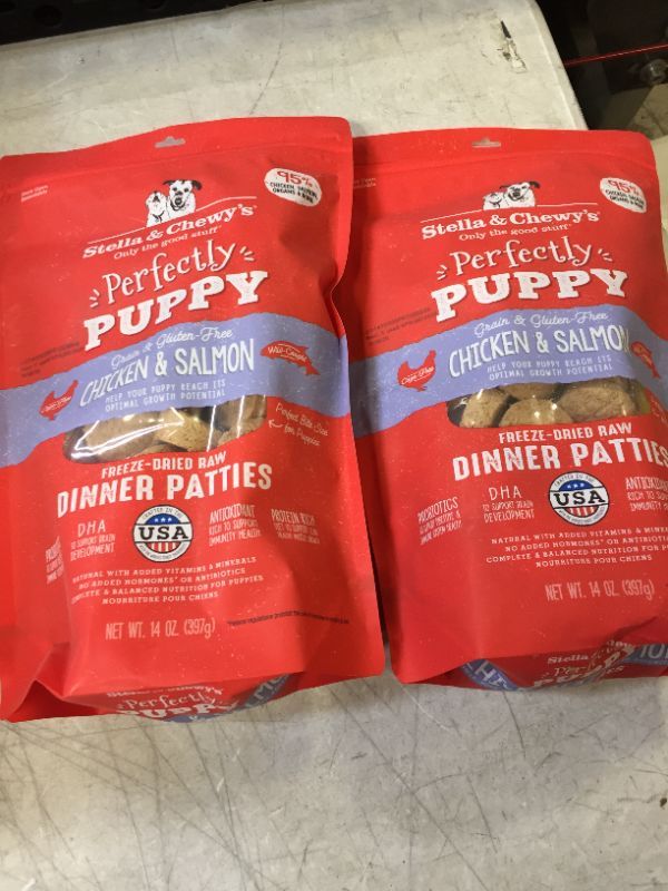 Photo 1 of 2 PK Stella & Chewy's Perfectly Puppy Freeze-Dried Raw Chicken and Salmon Dinner Patties Dog Food,14 oz. Bag . Best By April 20 2022