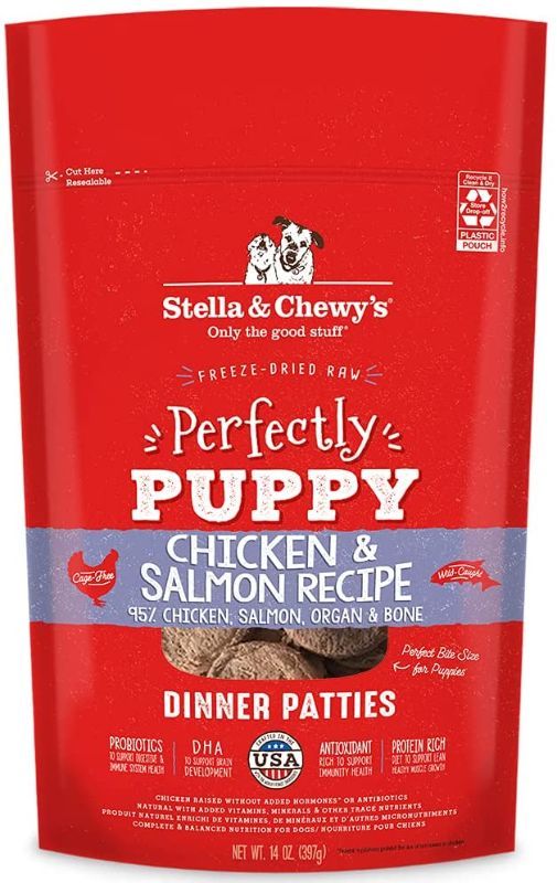 Photo 1 of 2 PK Stella & Chewy's Perfectly Puppy Freeze-Dried Raw Chicken and Salmon Dinner Patties Dog Food,14 oz. Bag . Best By April 20 2022