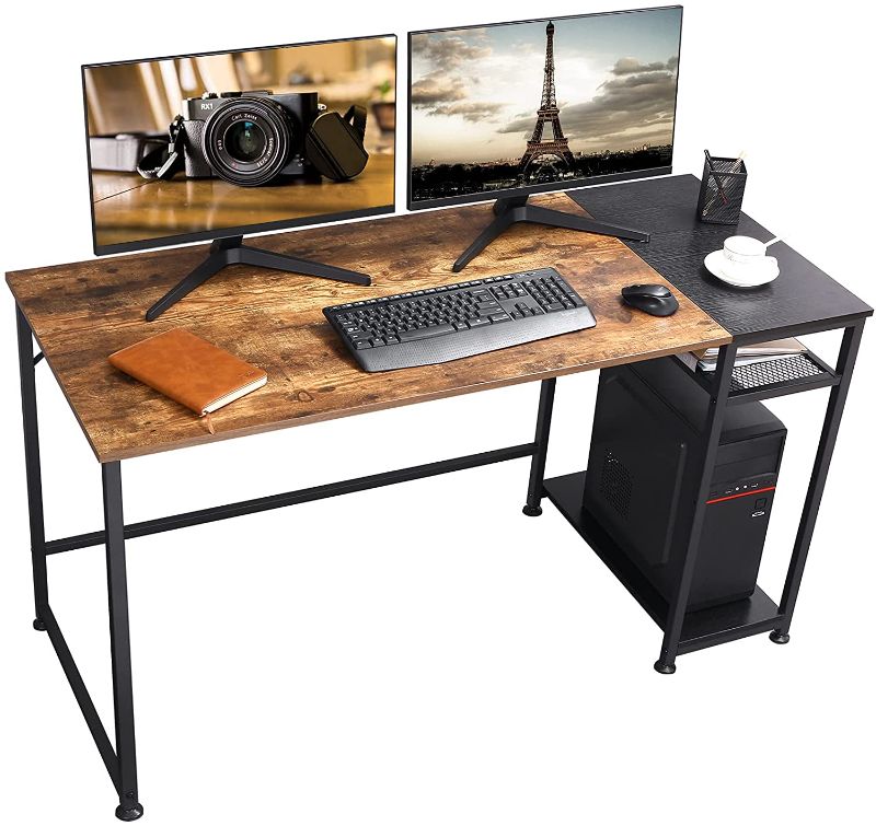 Photo 1 of BEWISHOME Office Computer Desk for Home 55 Inch Study Desk with Height Adjustable Storage Shelf Writing Table Rustic Brown and Black Modern Simple Style BBZ21Z
