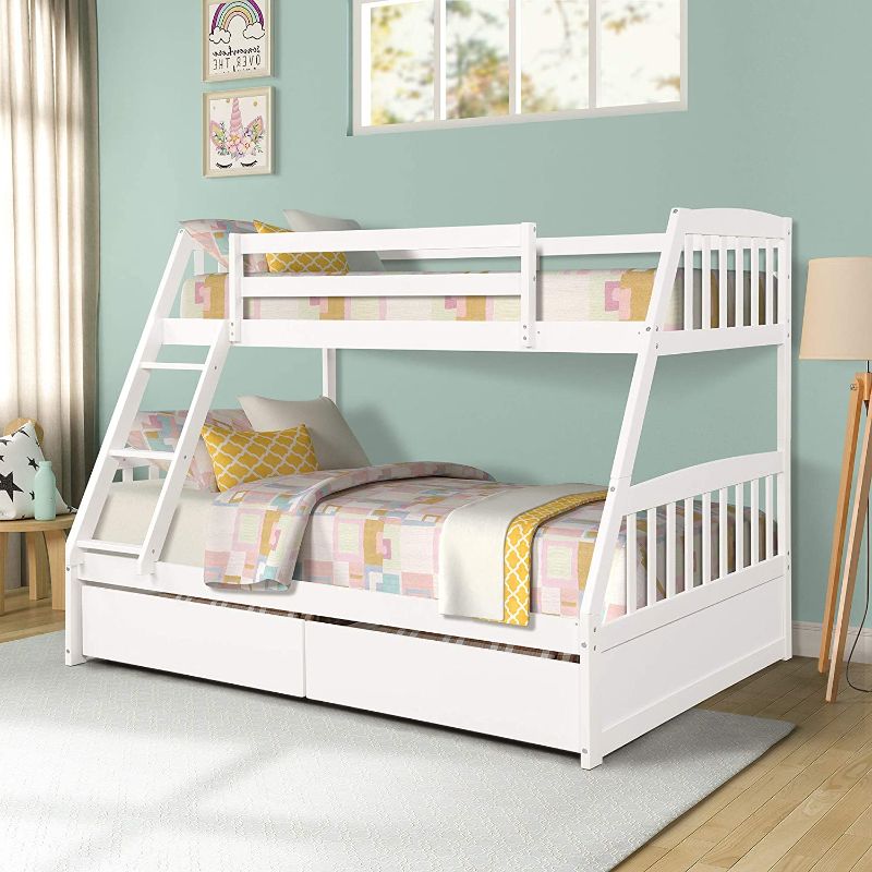 Photo 1 of Bunk Bed with 2 Storage Drawers, Solid Wood Twin Over Full Bunk Beds with Removable Ladder and Guardrail for Kids Teens Girls Boys, Bedroom Guest Room ,Convertible to 2 Separated Beds (White)
