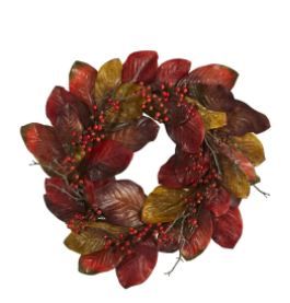 Photo 1 of 24 in. Harvest Magnolia Leaf and Berries Artificial Wreath