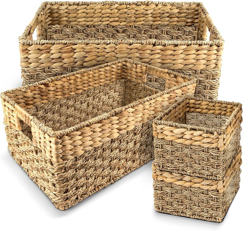 Photo 1 of Rustic Home Resources Storage Basket Wicker Baskets for Organizing. Set of 4 Woven Basket - 1x Large Basket, 1x Medium Decorative Basket and 2x Small Basket. Rustic, Hyacinth and Seagrass Baskets, Rectangular Baskets with Handles, Closet Organizers and St