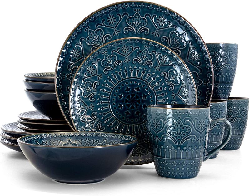 Photo 1 of Elama Deepsea Mozaic 16 Piece Round Stoneware Dinnerware Set in Sea Blue
