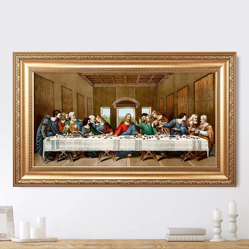 Photo 1 of CP CANVASPATH Last Supper Framed Size:36x22 inches,Image Size:30x16 inches,Gold Frame The World Classic Art Reproductions,Wall Art for Home Decor --- top left/bottom right corners slightly bent
