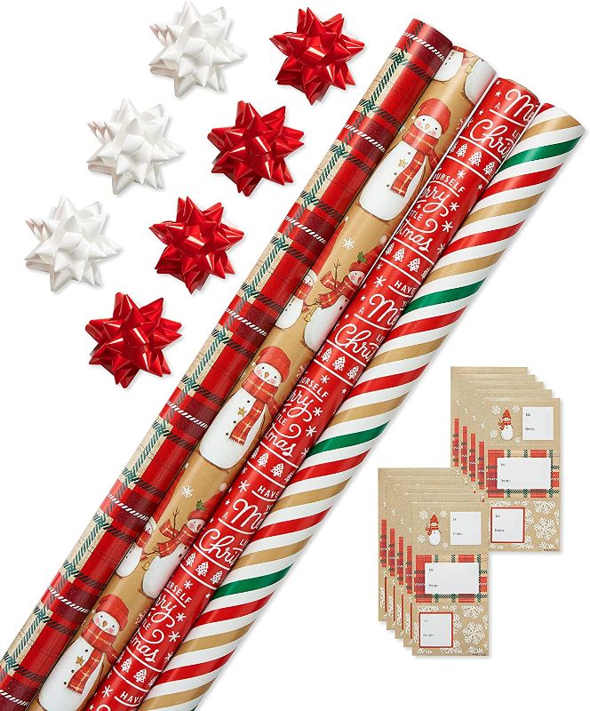 Photo 1 of American Greetings Christmas Wrapping Paper Kit - 4 Traditional Rolls with Gridlines, 7 Bows and 30 Gift Tags (41-Count, 120 sq. ft.)
