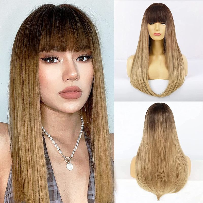 Photo 1 of Ebingoo 26 Inch Long Straight Light Brown Wig with Bangs Dark Brown Roots Blonde Wig for Women Soft Synthetic Heat Resistant Fiber Wigs for Daily Wear Party
