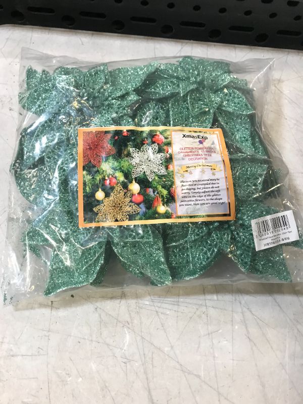 Photo 2 of 10pcs 20cm Christmas Glitter Poinsettia Flower (Mint Green?