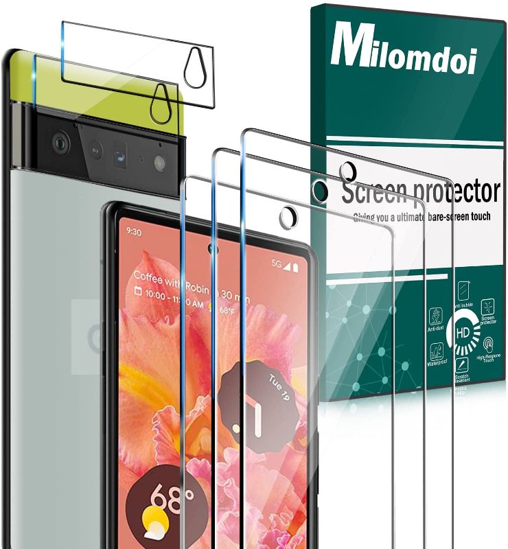 Photo 1 of [Fingerprint Compatible] Milomdoi Designed for Google Pixel 6 Screen Protector, Perfectly Support Fingerprint Unlock, 3 Pack HD Tempered Glass with 2 Pack Camera Lens Protector, Bubble Free, 9H Hardness,Scratch Resistant, 5Pack. Set of 3
