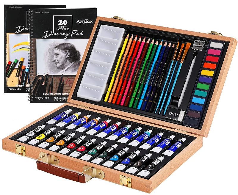 Photo 1 of 60 Pieces Wooden Case Art Set by Artibox - Watercolor Paints/Acrylic Paints/Drawing Pads - Art Supplies
