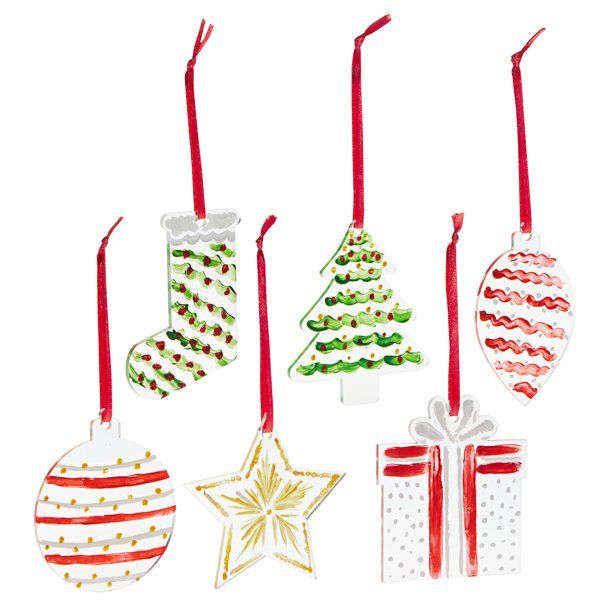 Photo 1 of 24 Pack Clear Acrylic Christmas Ornaments, 3" DIY Blank Ornaments with Red Ribbon, 6 Holiday Designs
