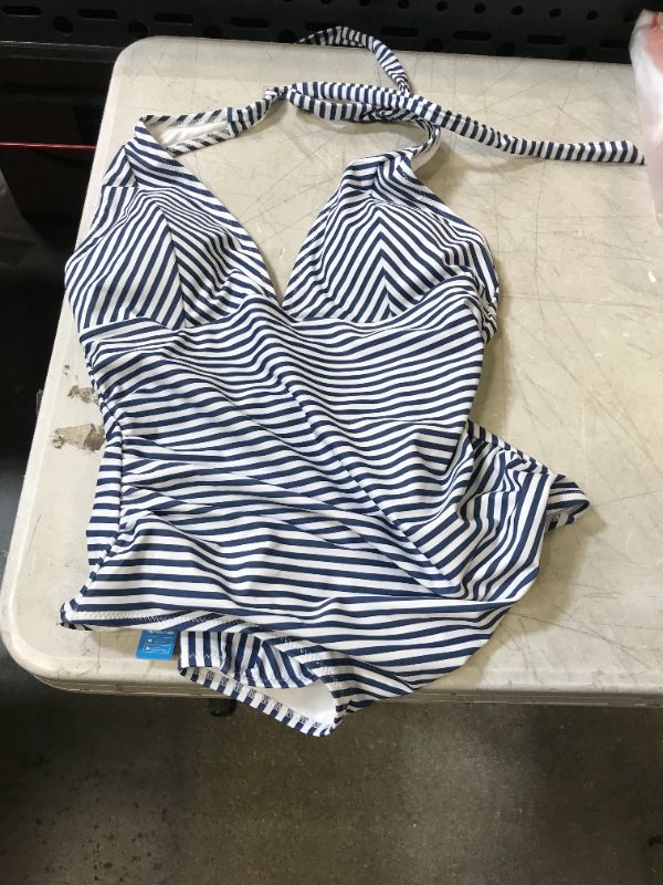 Photo 2 of CUPSHE Blue and White Stripe Halter One Piece Swimsuit---CHINA SIZE LARGE---