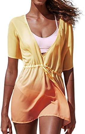 Photo 1 of CUPSHE Women's Yellow Gradient Plunge Drawstring Cover Up Tie Waist Half Flared Sleeves---SMALL---
