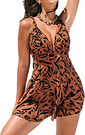 Photo 1 of CUPSHE Women's Mini Dress Knot Front Deep V Neck Open Back with Side Zipper Tan and Black Print---XS---
