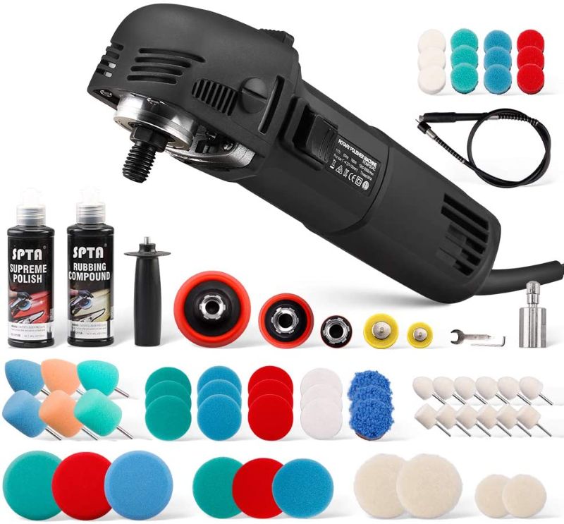 Photo 1 of SPTA Mini Buffer Polisher, 1Inch/2Inch/3Inch Car Polisher Sets, 6-Level Variable Speed, with 54Pcs Foam Polishing Buffing Pads, and 2Pcs Rubbing Compound for Car Detailing Polishing
