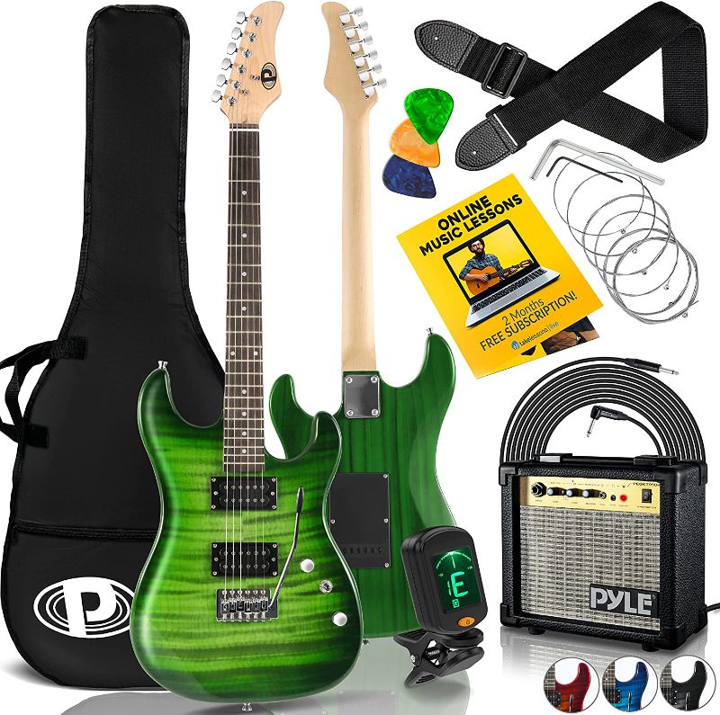 Photo 1 of Pyle Electric Guitar and Amp Kit - Full Size Instrument w/Humbucker Pickups Bundle Beginner Starter Package Includes Amplifier, Case, Strap, Tuner, Pick, Strings, Cable, Tremolo (Green)
