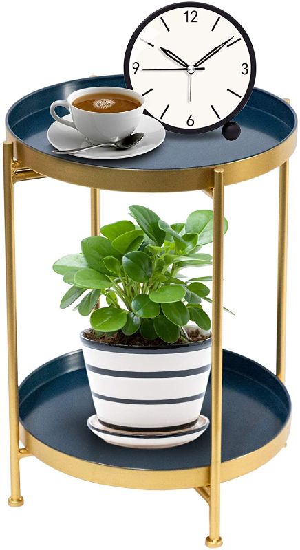 Photo 1 of 2 Tier End Table, Sofa Side Table and Shelf, Industrial Nightstand with Metal Frame, for Living Room, Bedroom, Space Saving, Navy Blue and Black
