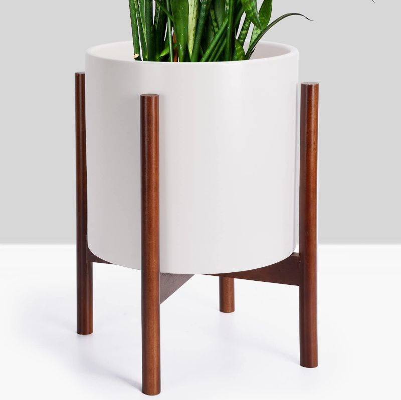 Photo 1 of Ceramic Planter with Stand by FineIris - Mid Century Plant Pot Set Includes 10” Ceramic Pot & Bamboo Plant Stand - Planters for Indoor Plants, Flowers, Fiddle Leaf Fig Tree, Zizi & Peace Lily---ITEM HAS SMALL HUMP/DENT---
