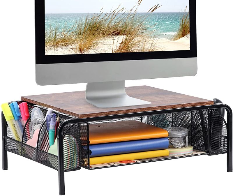 Photo 1 of Trwcrt Metal Desk Monitor Stand Riser with Organizer Drawer, Rustic Monitor Riser for Computer, Small Printer, Laptop, Black and Brown---MISSING HARDWARE/SCREWS---
