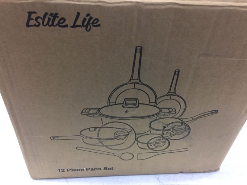 Photo 2 of ESLITE LIFE Pots and Pans Set Nonstick Induction Cookware Set Granite Coating with Frying Pan,Saute Pan, Sauce Pan,Stock Pot,Spatula and Ladle,12 Piece,Black
