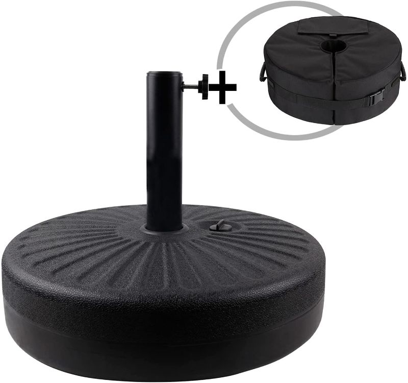Photo 1 of 2 In 1 Patio Umbrella Stand Base Weight Sand Bag Heavy Duty Outdoor 90 Lbs Water Plastic Filled Backyard Holder Pool Garden Market 23L Offset Deck Sunbrella Black Outside Beach La base del paraguas

