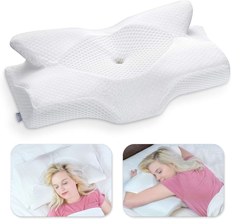 Photo 1 of Elviros Memory Foam Cervical Pillow, Molded for Neck and Shoulder Pain, Ergonomic and Orthopedic, with Contour Support for Side, Back and Stomach Sleepers
