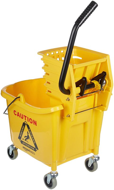 Photo 1 of Amazon Basics Commercial Side Press Drainer Bucket Assembly with Wheels - 35 Quart, Yellow
