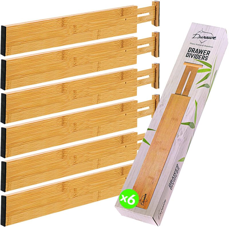 Photo 1 of Bamboo Drawer Dividers for Kitchen - Set of 6 - Adjustable and Expandable Spring Loaded Drawer Dividers - Great for Kitchen, Bedroom, Dresser, Baby Drawers and Closet
