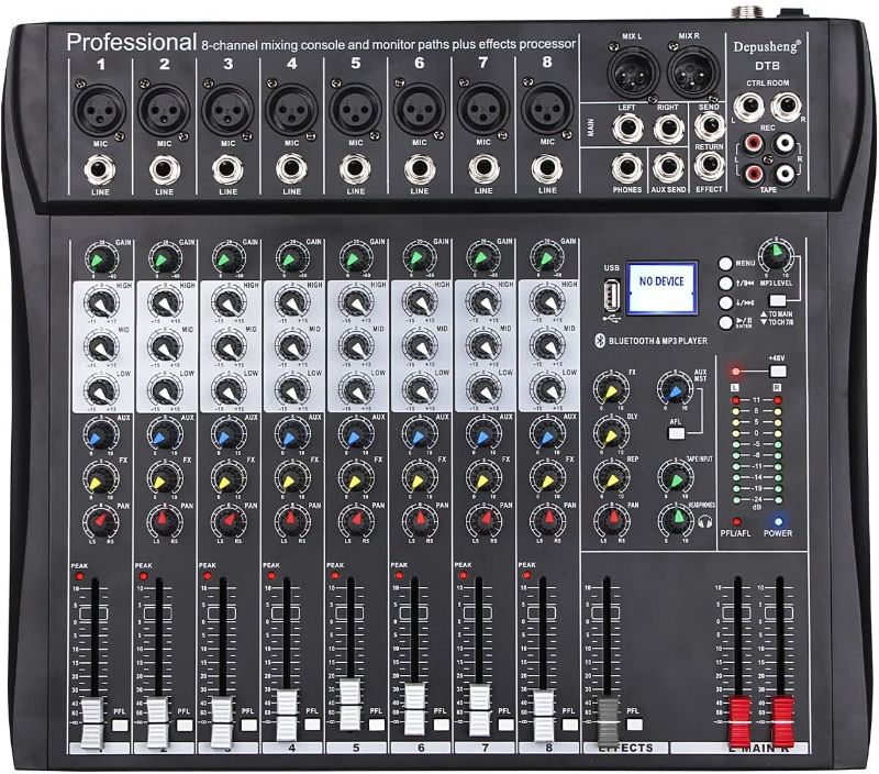 Photo 1 of Professional 8 Channel Sound Board Console Desktop System Interface Computer USB MP3 Input 48V Phantom Power Stereo DJ Studio FX Steel Chassis Black