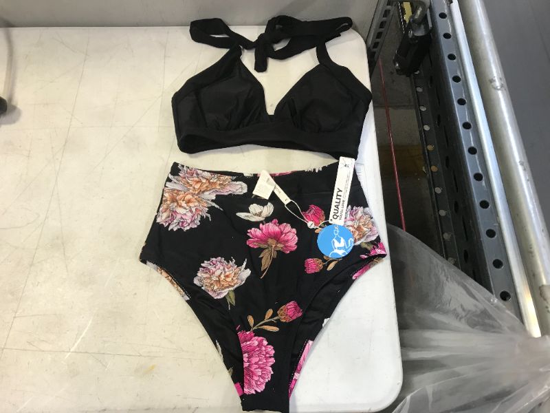 Photo 2 of Black Floral Halter High Waisted Bikini
