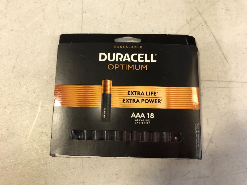 Photo 2 of Duracell Optimum AAA Batteries | Lasting Power Triple A Battery | Alkaline AAA Battery Ideal for Household and Office Devices | Resealable Package for Storage, 18 Count (Pack of 1)
