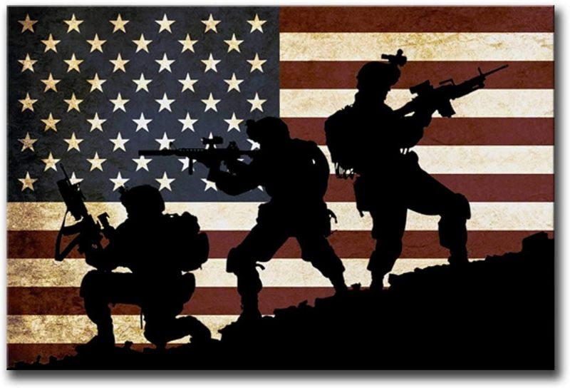 Photo 1 of American Flag Wall Art Poster Soldier Military Wall Decor Retro Patriotic Concept USA Flag Canvas Painting Military Art Print Patriotic Wall Art Independence Day Artwork Wooden Framed Ready to Hang for Living Room Office 12x18inch Style C(30X45cm)
