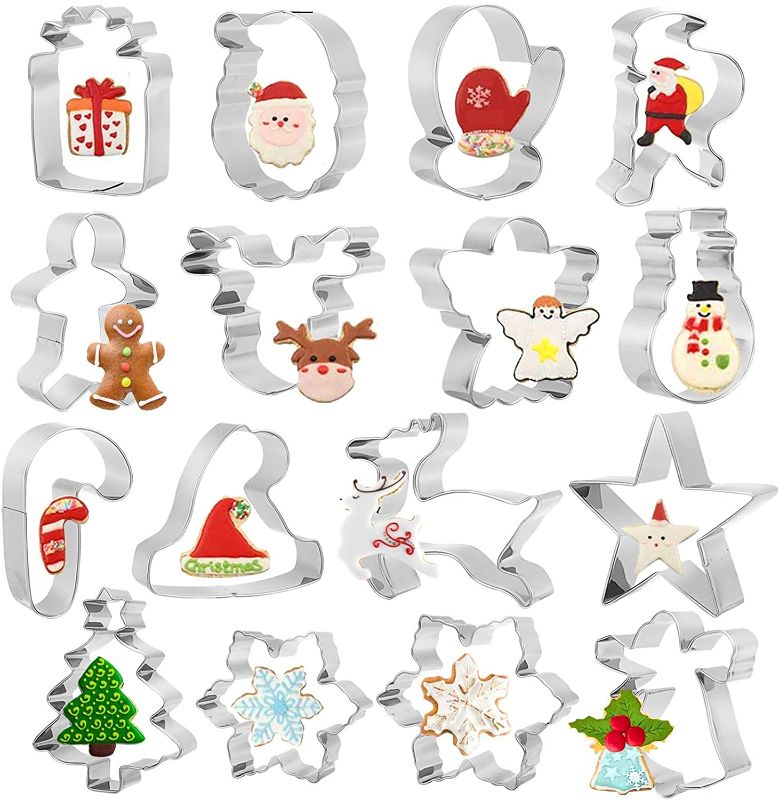 Photo 1 of 16pcs Christmas Cookie Cutters for Biscuit Gingerbread Pastry Shortbread, Metal DIY Biscuit Cutter Christmas Shape - Reindeer Snowflake Angel Santa Christmas Tree Snowman Cane Cutter Mould