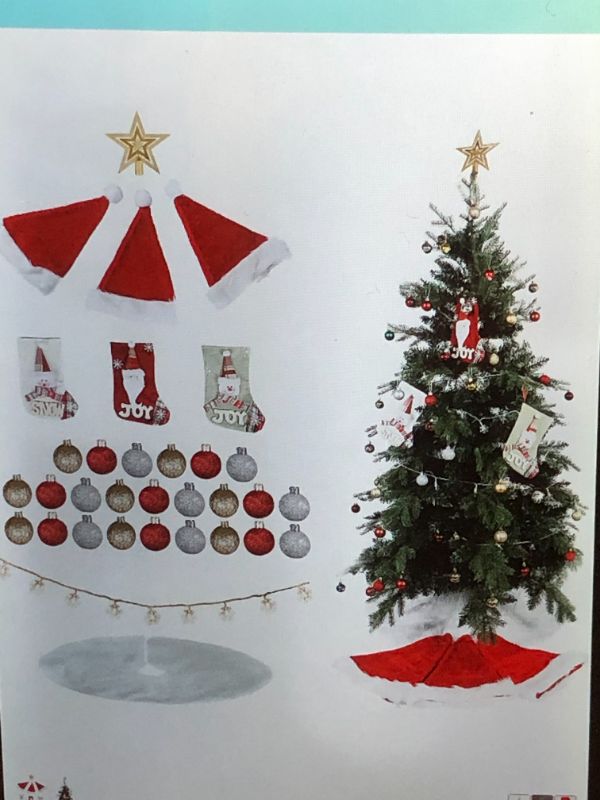 Photo 1 of  ORNAMENTS FOR CHRISTMAS TREES SET INCLUDES 36 INCH TREE SKIRT LED CHRISTMAS LIGHTS CHRISTMAS HAT CHRISTMAS STAR TOPPER CHRISTMAS BALLS