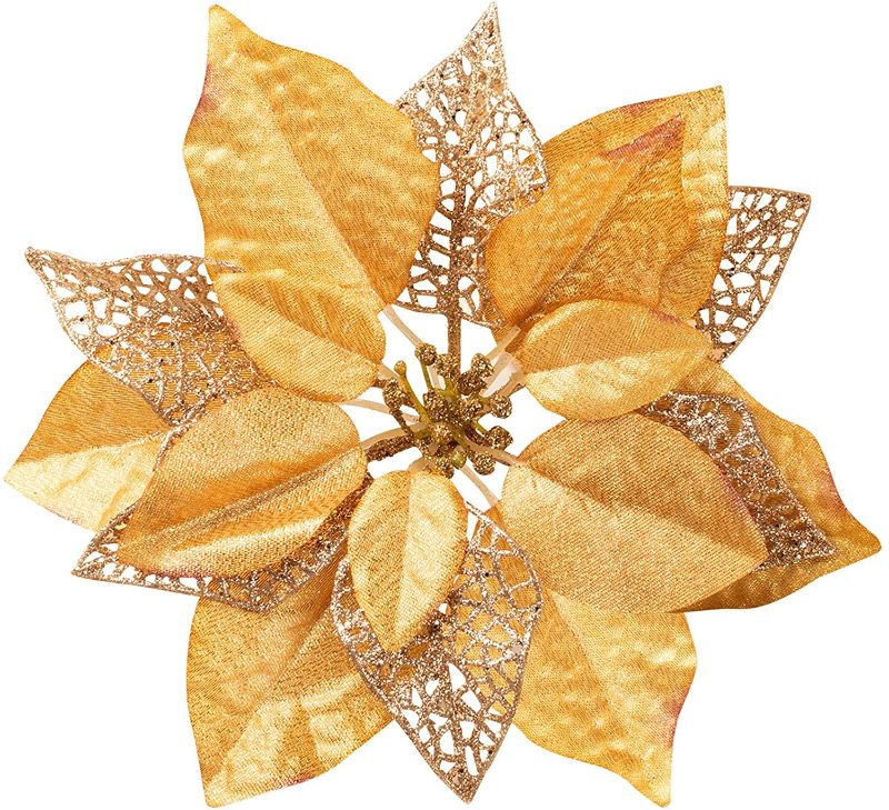 Photo 1 of 10 Pack Christmas Poinsettia Flowers Glitter Poinsettia Bushes Christmas Tree Flowers Christmas Poinsettia Ornament, Artificial Poinsettia Flowers Christmas Decorations Champagne Gold 
