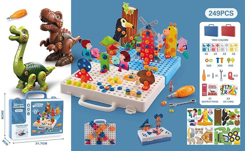 Photo 1 of ROVXANY Creative Mosaic Drill Set for Kids, Take Apart Dinosaurs Toys for Kids, 3D Design Screw STEM Toy Set with Flower and Animal Parts, Engineering Construction Block Building Set for Kids
