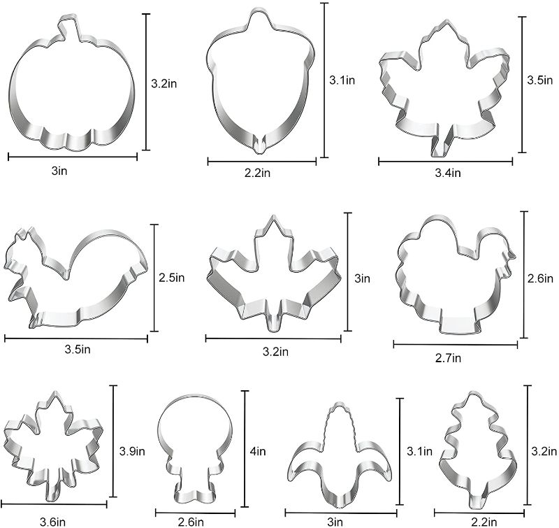 Photo 1 of 10 Pcs Fall Thanksgiving Cookie Cutters Set, Holiday Metal Cookie Cutters, Pumpkin Cookie Cutter and Maple Leaf, Turkey, Oak Leaf, Turkey Leg, Squirrel, Acorn, Corn Cookie Cutters
