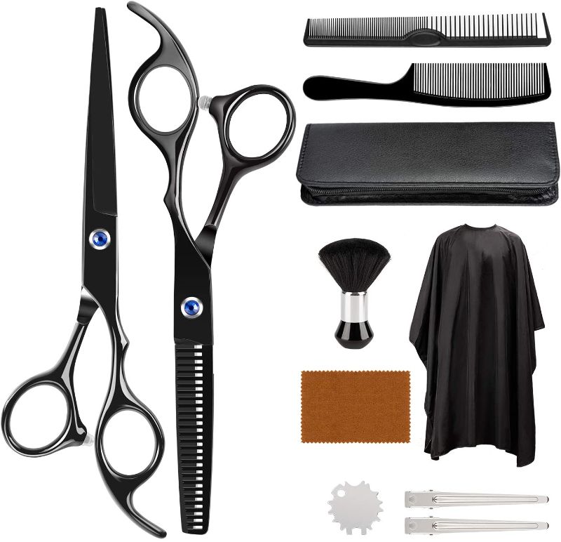 Photo 1 of 11Pcs Hair Cutting Scissors Kit, ULG Professional Hair Scissors Cutting Set with Stainless Steel Thinning Scissors, Comb, Barber Shears, Cape, Black Hairdressing Shears Set for Barber, Salon, Home
