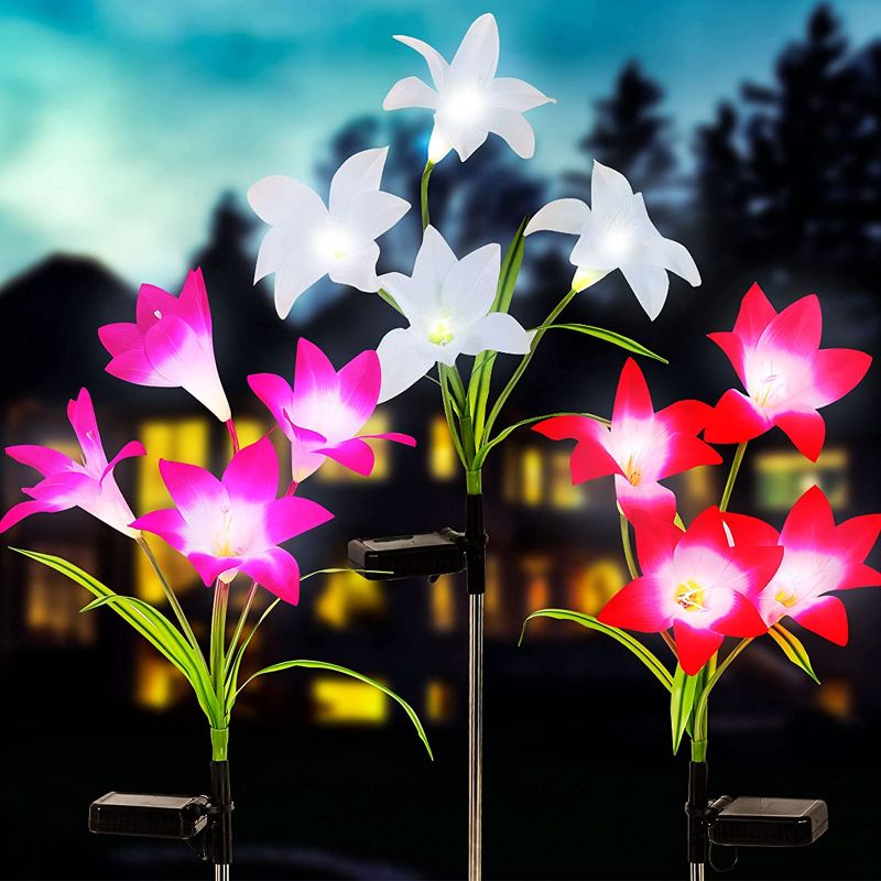 Photo 1 of GOLDEN AUTUMN Solar Lights Outdoor Decorative?3 Pack Solar Garden Lights , 12 Bigger Lily Flowers, Used for Garden Lawn Backyard Terrace, Automatic Color Changing LED Solar Flowers

