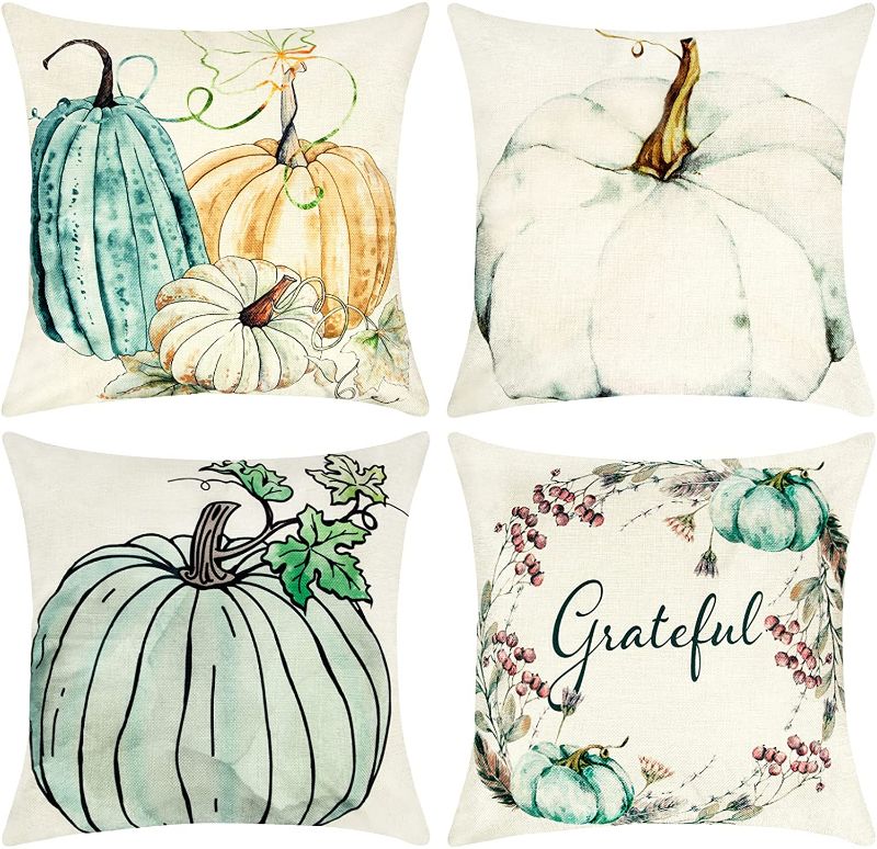 Photo 1 of Fall Thanksgiving Pillow Covers 18x18 for Fall Decor Set of 4 Garland Pumpkin Pillow Covers Linen Farmhouse Thanksgiving Throw Pillows for Home Sofa Couch

