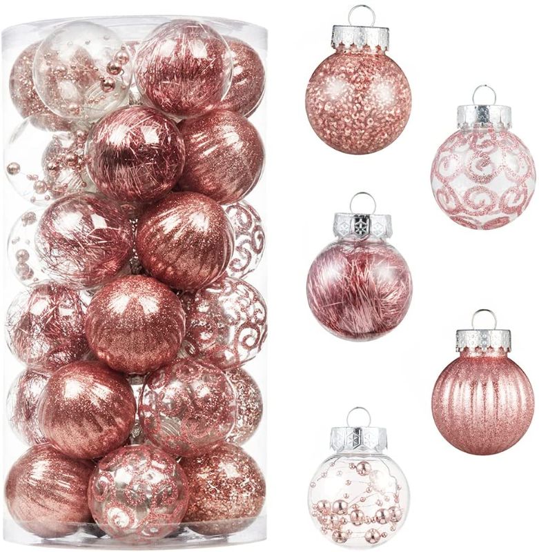 Photo 1 of XmasExp 30ct Christmas Ball Ornaments Set -Mini Clear Plastic Shatterproof Xmas Tree Ball Hanging Baubles Stuffed Delicate Glittering for Holiday Wedding Xmas Party Decoration (50mm/1.97",Rose Gold)
