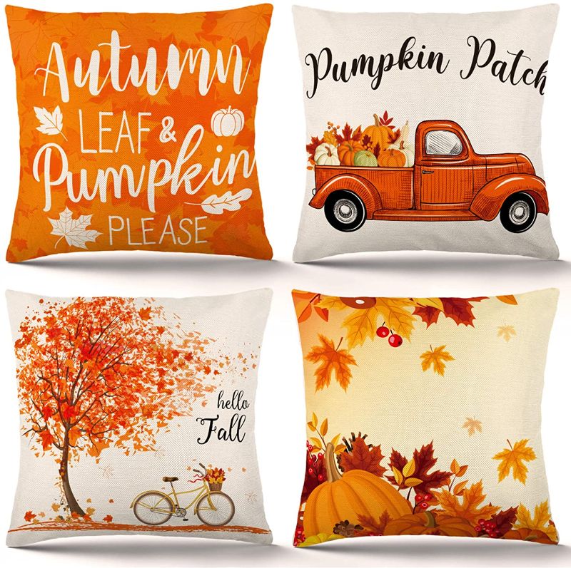 Photo 1 of ZJHAI Fall Pillow Covers 18x18 Inch Set of 4 Autumn Pumpkin Pillow Covers Holiday Rustic Linen Pillow Case for Sofa Couch Farmhouse Thanksgiving Fall Decorations Throw Pillow Covers
