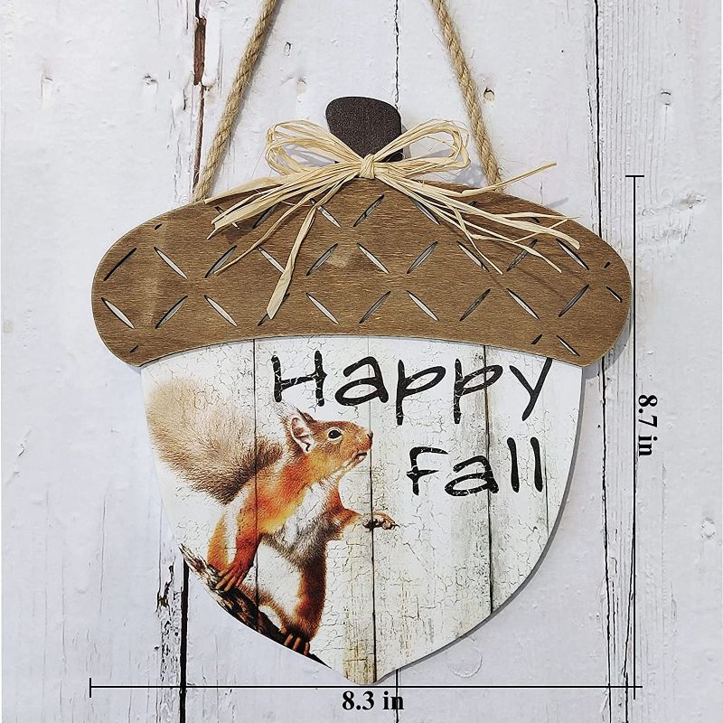 Photo 1 of 2PCS Happy Fall Wooden Door Sign with Squirrel Painting Thanksgiving Day Wall Decor Wood Hanging Sign Farmhouse Wall Plaque Thanksgiving Wood Decoration for Thanksgiving Day Autumn Fall Home Decor
